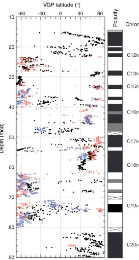 Figure F11. Composite magnetic stratigraphy at Site 1217. Virtual geomagnetic pole (VGP) latitudes wereobtained after partial AF demagnetization of continuous measurements at a peak field of 20 mT