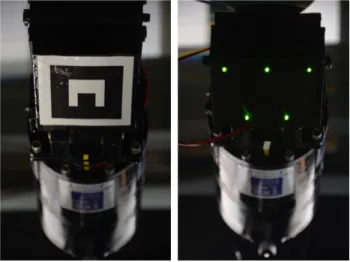 Figure 3: Arm end-effector with two different visual markers placed at each side of the gripper: AR marker (left), and a pattern made with five LEDs (right).