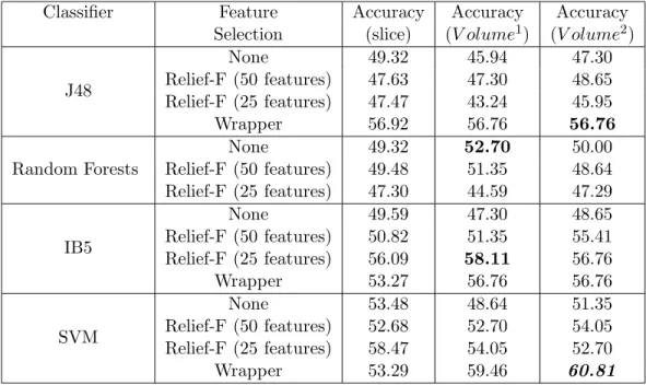 Table 4.1: Performance of Classifier Models on 2D Features Performing Leave-One-Volume- Leave-One-Volume-Out (The highest accuracy for each classifier is in bold)