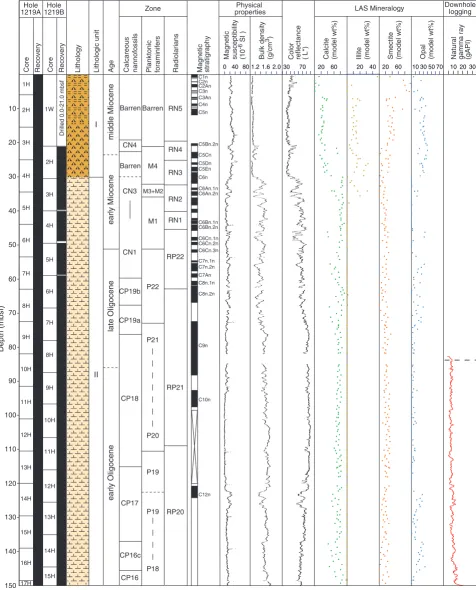 Figure F3. Lithologic summary for Site 1219. LAS = light absorption spectroscopy, gAPI = American Petro-leum Institute gamma ray units, TD = total depth
