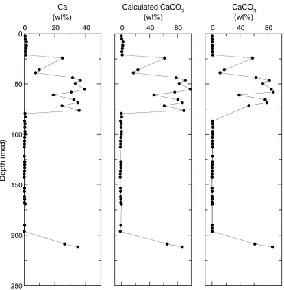 Figure F21. CaCO3 and Ca data from Site 1220. CaCO3 values higher than 90 wt% are calculated from Cavalues out of the range of the standards (see “Geochemistry,” p