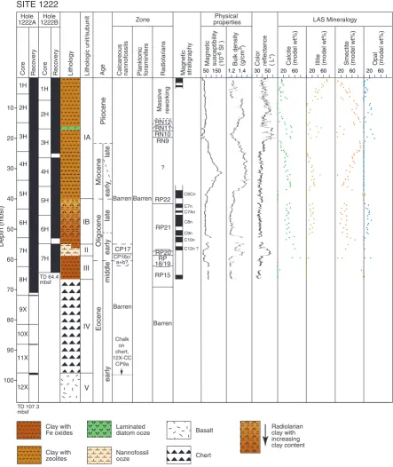 Figure F3. Lithologic summary for Site 1222. Note that lithologic units are based upon Hole 1222A recov-ery
