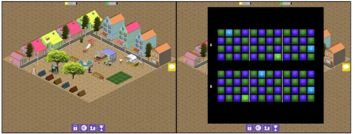 Figure 1.  The City Builder game. Left pane: the game screen; Right pane: the working memory capacity (WMC) training task is presented overlaying the game screen