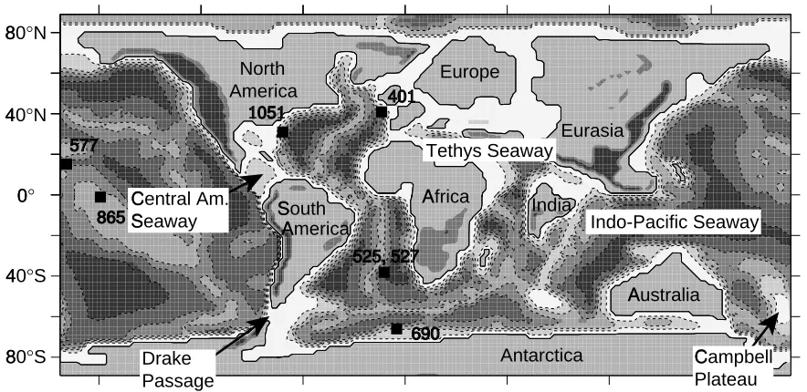 Figure 2. Baseline paleogeography at 2° resolution. Solid curve indicates the shoreline, Dashedcontours indicate ocean depths of 1, 2, 3, 4, and 5 km