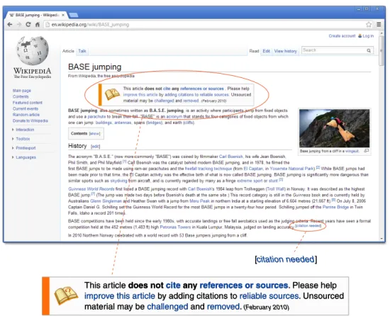Figure 2.1: The Wikipedia article “BASE jumping” with two cleanup tags. The tag box Unreferenced refers to the whole article while the inline tag Citation needed refers to a particular claim.