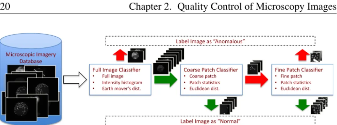 Figure 2.4: The proposed workflow is a OCSVM cascade. The microscopic imagery database is screened in three different stages that corresponds to different scales for the defects