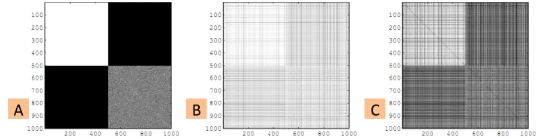 Figure 2.5: Kernel matrices for 500 normal and 500 defect samples: (A) ideal kernel;