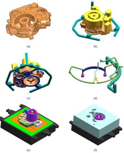 Figure 1. 3D model of investigated engine inlet body casting: (a) 3D solid of casting; (b) 3D solids  of casting, gating system and runners; (c) 3D solids of casting, gating and cooling systems;  (d) 3D solid of Cr-Ni tube collector embedded in the casting