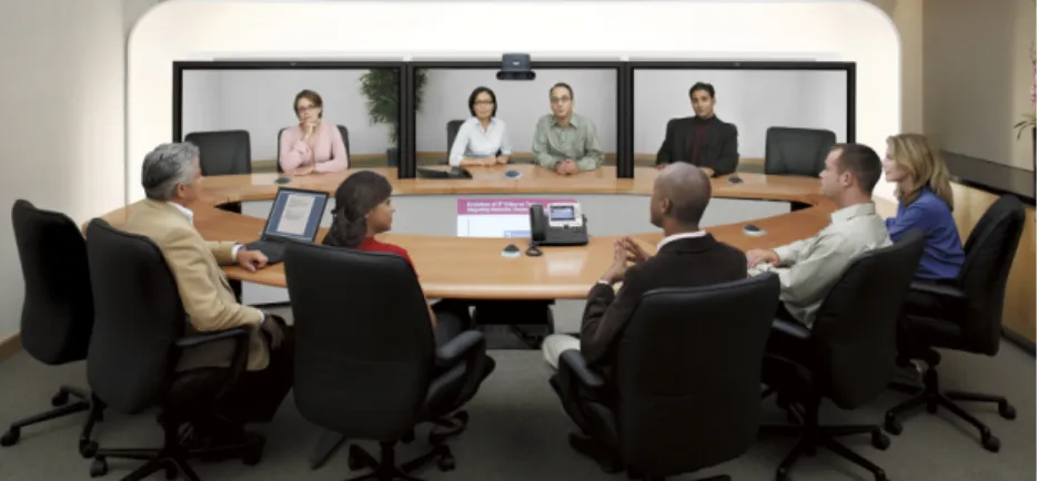 Figure 2.5: Cisco’s TelePresence system, supporting gaze awareness, and life-size representations of users in a visually-seamless workspace [Sys10b].