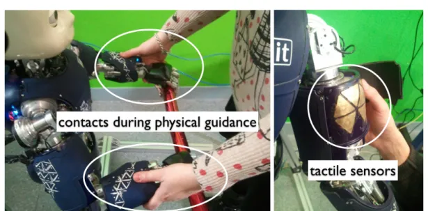 Fig. 4 Demonstration on how to safely grab the robot arms for kinesthetic teaching in the assembly task: the hands of the experimenter grasp the robot forearms on a part covered by the skin