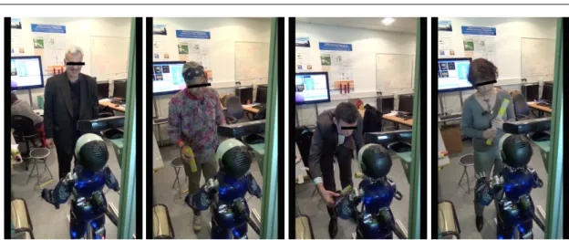 Fig. 6 Some participants gazing at the robot face. From left to right: when the participant meets the robot, handing the cylinders, during the alignment of cylinders, and when the object is built.