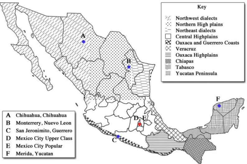 Figure 3. Dialect regions of Mexico with cities of study (Adapted from Lope Blanch [1997])