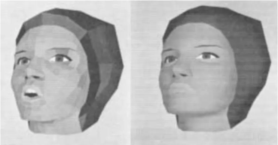 Figure 2-3 Parke’s face model of the same person in different shading, left was rendered using  polygonal shading and right was rendered using Gouraud’s smooth shading