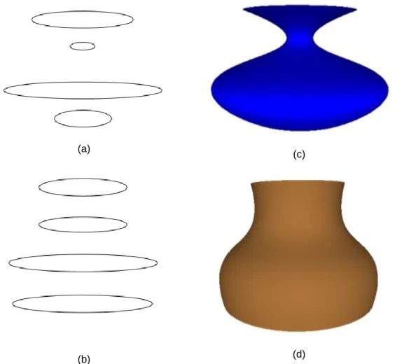 Figure 3-4 Shape manipulation by changing the positional curves: (a) and (b) are boundary curves and  (c) and (d) are corresponding PDE surface patch respectively