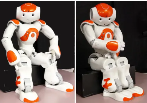 Fig 5. Nao robots with warm (left) versus cold (right) body positioning. Warm robots had an open stance and maintained direct gaze, while cold robots had crossed arms, closed legs and averted gaze.