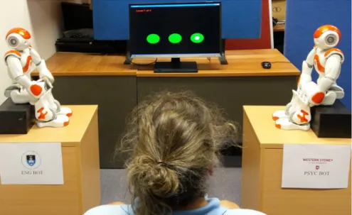 Fig 2. The shell game setup. Participants sit on a chair, facing the shell game stimuli with a robot to their left and right, with each robot clearly identified as either “Psyc Bot” or “Eng Bot”
