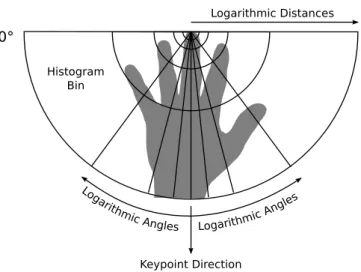 Figure 3.3: Illustration of the proposed hand descriptor histogram, based on log-polar sampling.