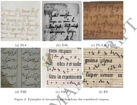 Figure 3: Examples of document patches from the considered corpora.