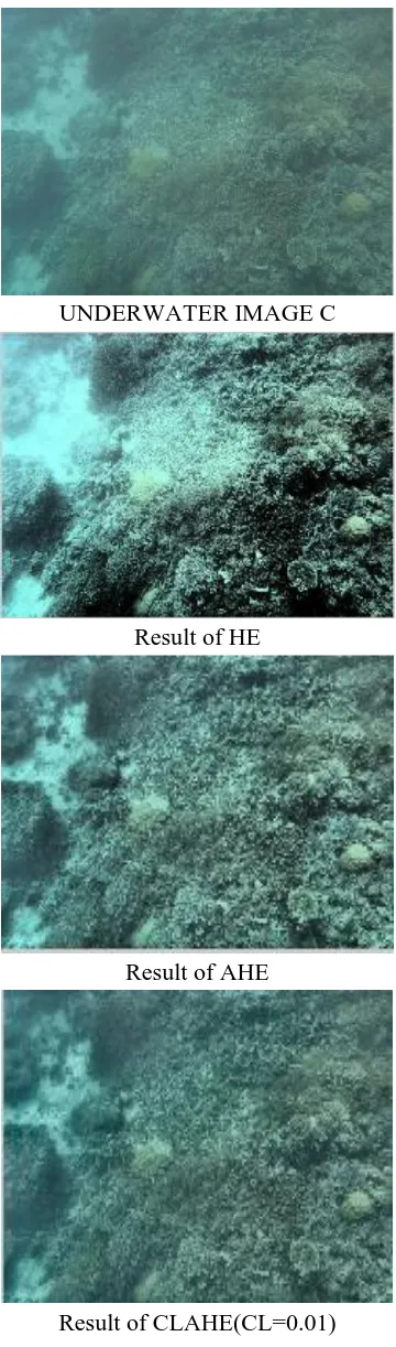 Figure 5. Performance of HE, AHE, CLAHE  on Underwater image B  