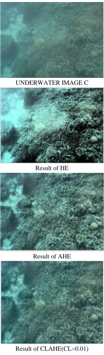 Figure 5. Performance of HE, AHE, CLAHE  on Underwater image B  