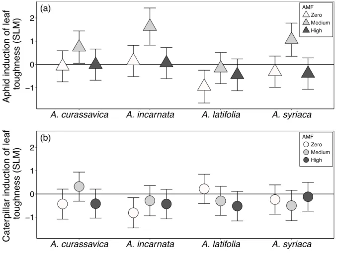 Figure 2.3. Influence of AMF inoculum availability (zero, medium, high) on the effect size of a)  aphid and b) caterpillar induction of leaf toughness (SLM)