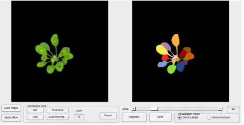 Figure 4: Graphical user interface of our annotation tool. In this example, we add as many seeds as the number of leaves and the underlying random walks segmentation algorithm is able to propagate those seeds and provide an accurate leaf delineation.