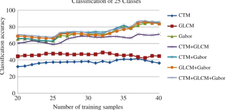 Fig. 6. Classification accuracy for various training samples for 25 classes using different combinations of features.