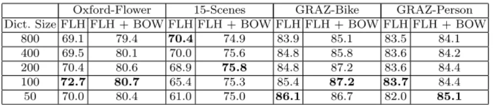 Table 3: Effect of SIFT-32 features on FLH. Classification accuracy on training data using cross-validation.