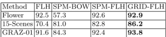 Table 7: Effect of GRID-FLH vs Spatial pyramids