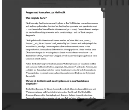 Figure 5:  Questions and answers  concerning the methodology of “It wasn’t  always the East –  where Germany votes for the far-right.” In addition, a link is provided to download the  data (courtesy of Berliner Morgenpost) a