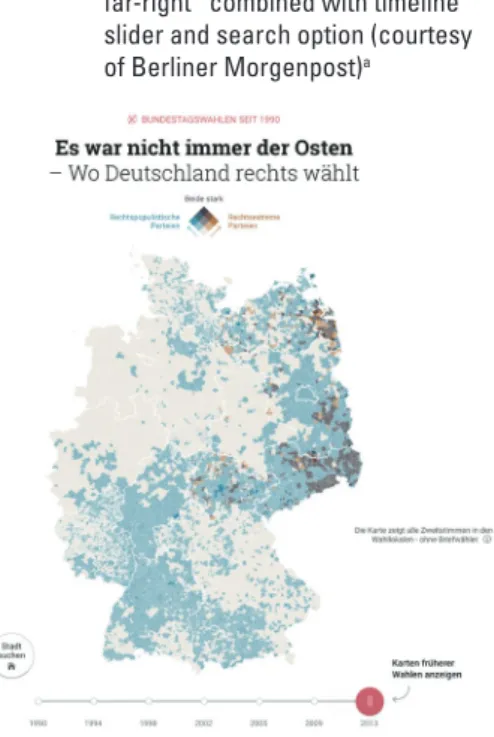 Figure 2:  Mobile version of the interactive  map “It wasn’t always the East –  where Germany votes for the   far-right” combined with timeline  slider and search option (courtesy  of Berliner Morgenpost) a