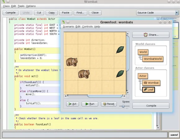 Figure 2.7: Screenshot of code and microworld in Greenfoot.