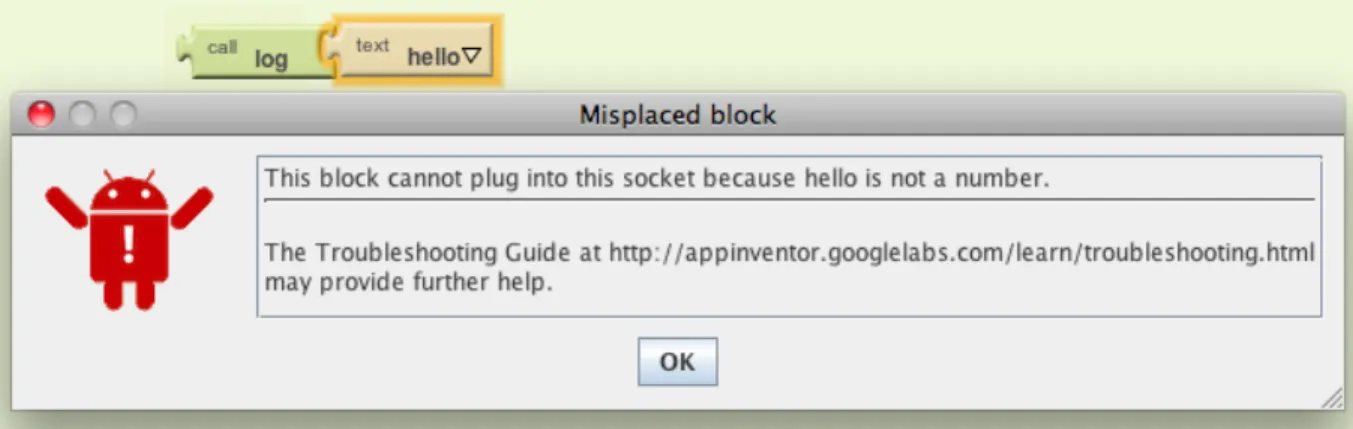 Figure 1-6: An illogical statement caught by the type system of App Inventor.