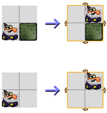 Figure 2.4: Screenshots from Stagecast Creator [8] showing context sensitivity of graph- graph-ical rewrite rules