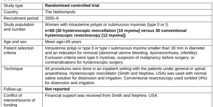 Table 2 Summary of key efficacy and safety findings on hysteroscopic  morcellation of uterine leiomyomas (fibroids) 