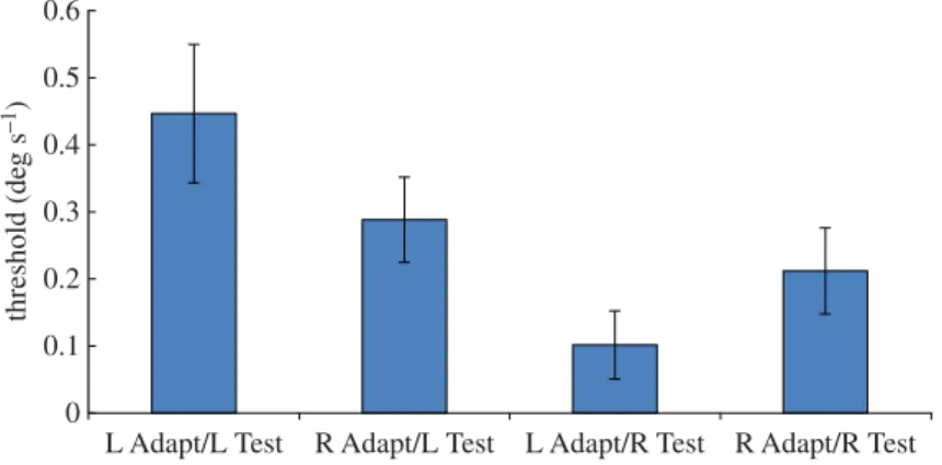 Figure 1. Results of Experiment 1. Mean displacement threshold for correctly reporting the direction of leftward and rightward dynamic random dot test stimuli (‘L Test’ and ‘R Test’, respectively), following adaptation to static left-facing or right-facing