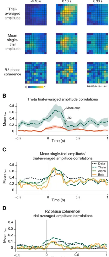 Figure 9. Single-trial mechanisms of trial-averaged amplitude patterns. A, Example of 10 Hz trial-averaged amplitude spatial maps compared with single-trial amplitude and phase  coher-ence maps in one recording