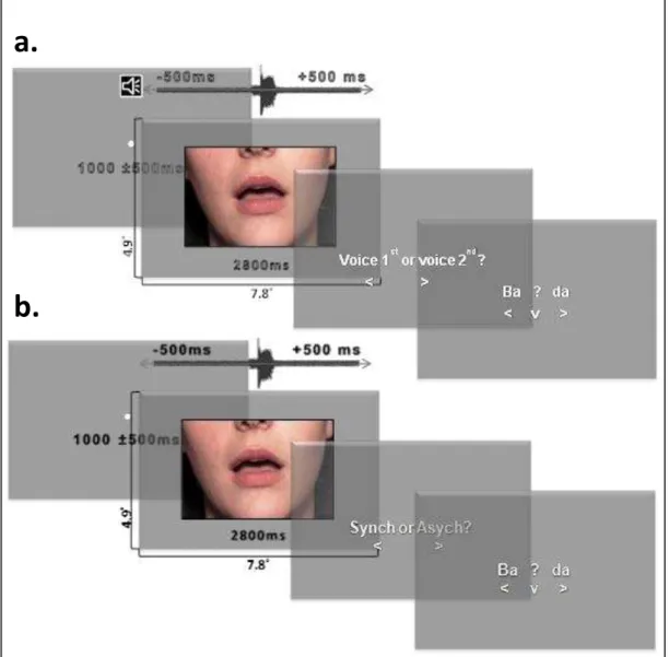 Figure 2-9: Trial sequence and stimuli for McGurk  a. TOJ dual-task and b. SJ dual task