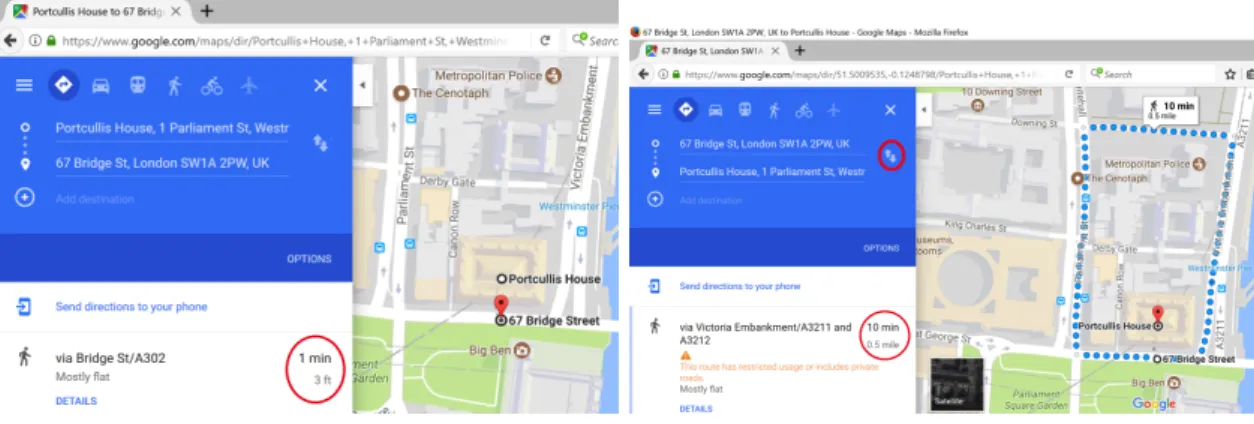 Figure 4.8: A “change direction” MR revealed Google Maps navigation defects in Lon- Lon-don (a&amp;b) and Hong Kong (c&amp;d)