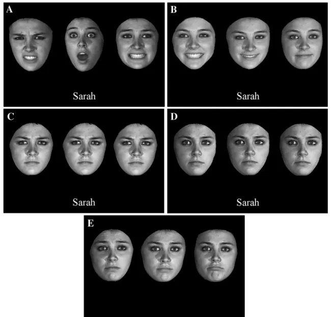 Fig. 1 Examples of a learn trial in the face-name presentation session. a Multiple-expression training in all three experiments: a face is shown in three randomly chosen categorically different  expres-sions: Disgust, Surprise and Fear