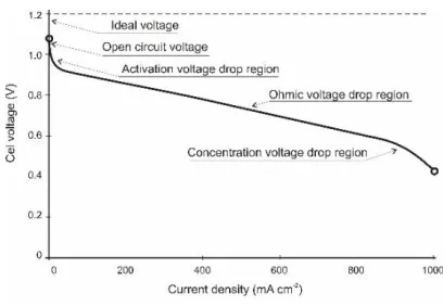 Figure As the current increases the voltage drops in three visible sections: the first voltage drop represents cell activation losses; the second section represents voltage losses by internal resistance, and the  1 shows a typical cell polarization curve w