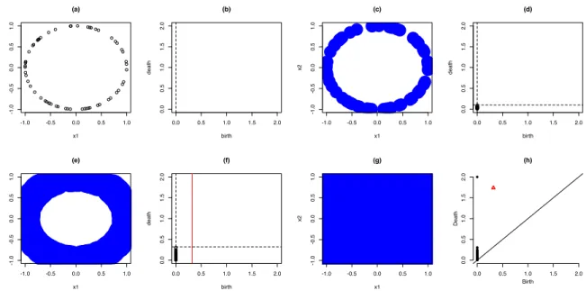 Figure 5: Persistence diagram corresponding to a point cloud. (a) shows the raw point cloud and (h) shows the persistence diagram