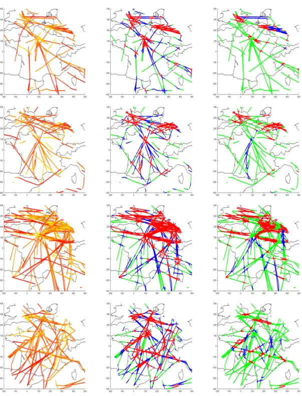 Figure 6: Clustering of the French airspace using Riemannian quantization (middle) versus vector quantization (right).