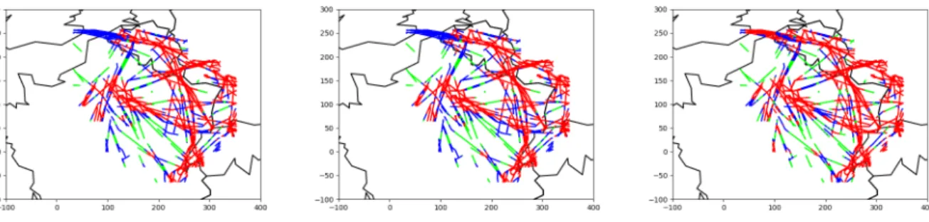 Figure 8: Clustering of the French Eastern control center from 6:36 to 6:51 AM, obtained by 3 di fferent clustering methods (from left to right):