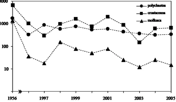 Fig. 3. Long- (1950s vs. ca. 2000) and short-term (1996-2005) trends, presented as arithmetic means across zones of equal  weighting, at Posthuiswad of polychaetes, crustaceans, and molluscs, respectively