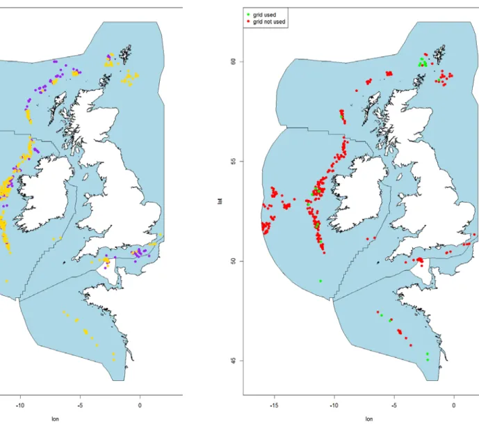 Figure 6. Map of all sampled trips from which data was supplied by the participating vessels (left; yellow = hauls included in the analysis, purple = hauls not in- in-cluded in the analysis) and of all trips inin-cluded in the analysis (right; green = haul