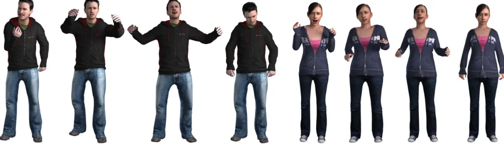 Figure 1: Examples of combined facial and body motions for each of our emotions. From left to right on both our male and female characters:Anger, Fear, Happiness and Sadness.