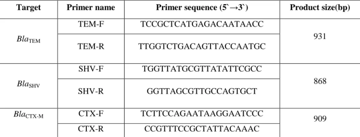 Table 6: Primers used for detection and sequencing of ESBL genes. 