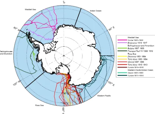 Figure 1. Map of expedition routes taken by ships used in this study. We only have coordinates for entry and departure of the pack ice forthe 1901–1903 Gauss Expedition (Indian Ocean).