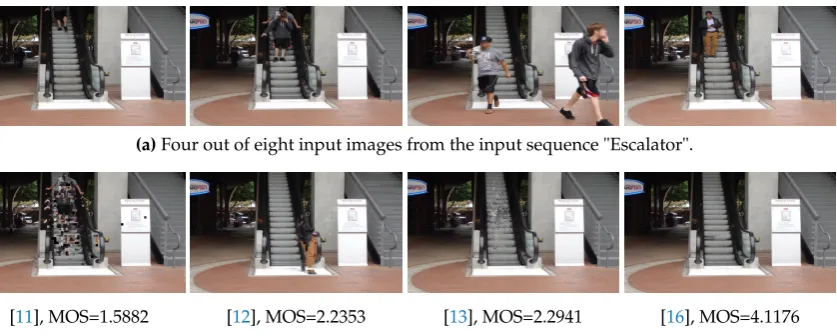 Figure 4. Example input sequence and recovered background images with corresponding MOS scoresfrom the ReBaQ dataset.